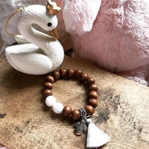 Wood and moonstone angel charm bracelet